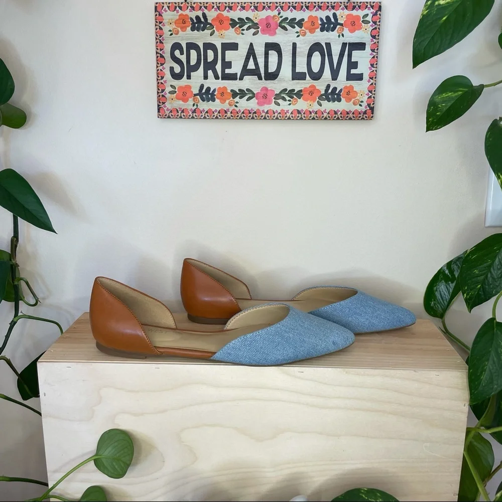 NWT 7 pointed toe slip on brown and denim D’orsay flat Nine West - Picture 3 of 12